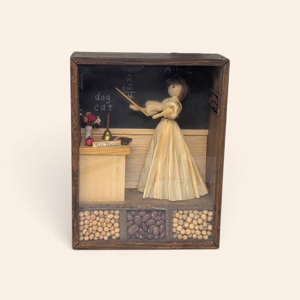 Vintage Schoolroom Diorama Corn Husk Doll Shadow Box
